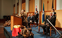 Thumbnail image: Ngambri elder, Matilda House, addresses the gathering at the Welcome to Country ceremony.